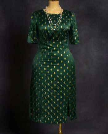 Green satin midi dress with metallic print - Size 10