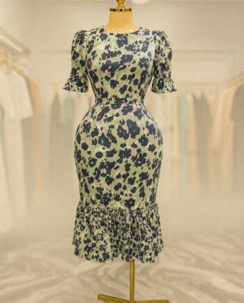 Green animal print ruffle hem midi dress - Size 12