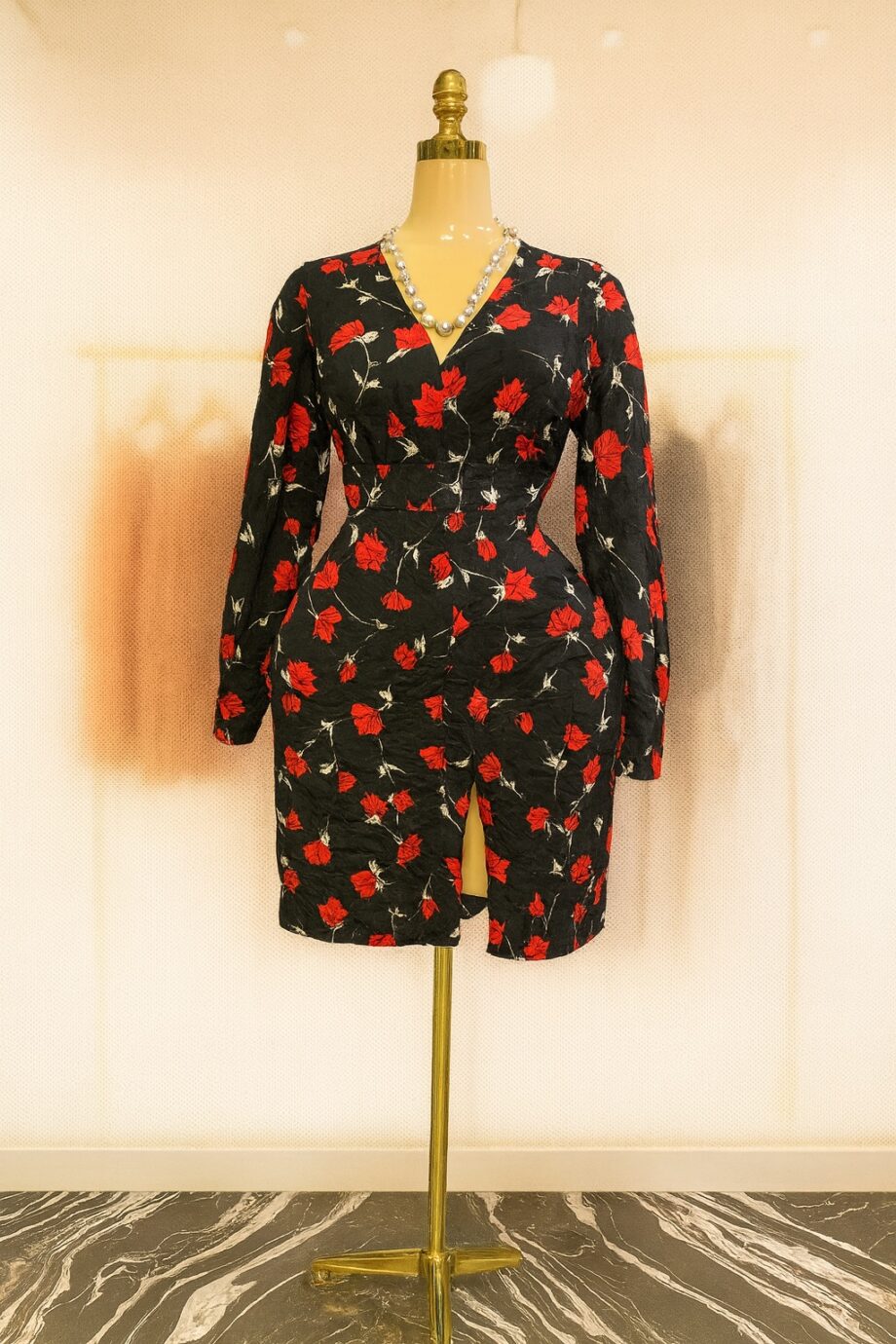 Black long-sleeve floral print dress - Size 14
