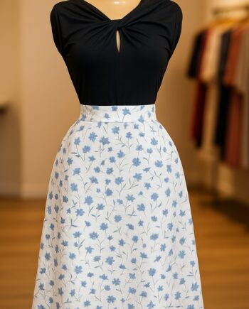 White & Blue Floral A-Line Midi Skirt - Size 10