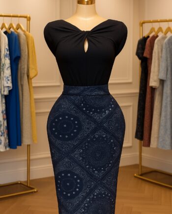 Navy Medallion Pencil Midi Skirt - Size 10/12