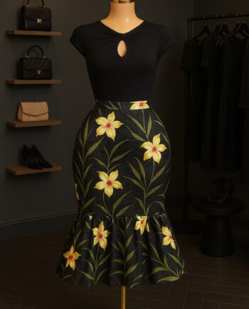 Black Yellow Floral Mermaid Midi Skirt - Size 12