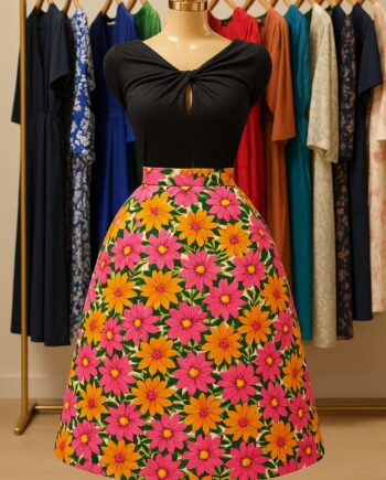 Vibrant Bloom High-Waist A-Line Midi Skirt - Size 14/16