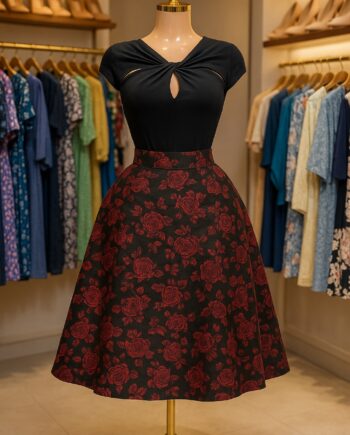 Black Rose Jacquard A-Line Midi Skirt - Size 16