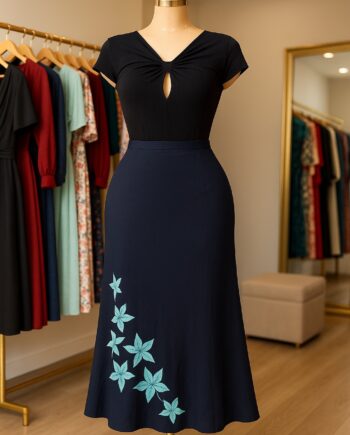 Navy Floral Appliqué A-Line Midi Skirt - Size 18