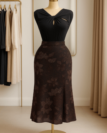 Chocolate Floral Jacquard Midi Skirt - Size 18