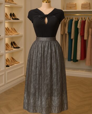 Metallic Charcoal Pleated Midi Skirt - Size 18