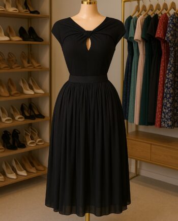 Black Chiffon Gathered Midi Skirt - Size 26