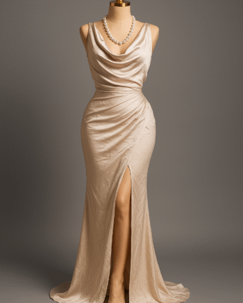Satin cowl-neck evening gown (maxi with thigh slit) - Size 10